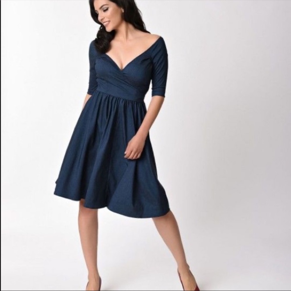 Navy Blue Retro Vintage Rockabilly Pinup Dress